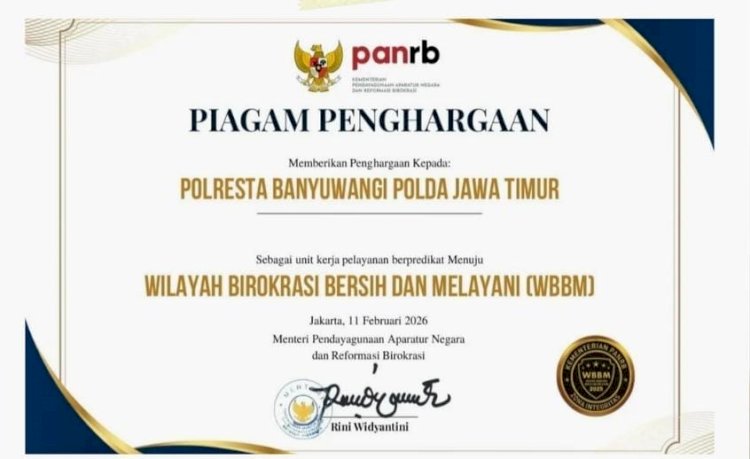 Polresta Banyuwangi Raih Penghargaan Zona Integritas Menuju WBBM Tahun 2025